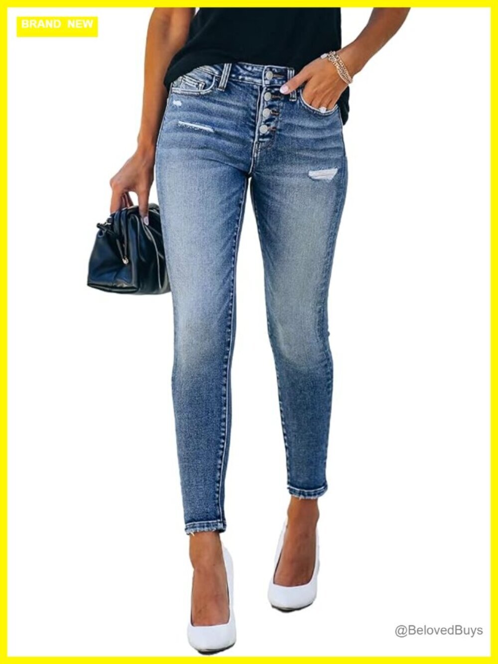 High Rise Skinny Stretch Button Ripped Jeans Destroyed Denim Pants
